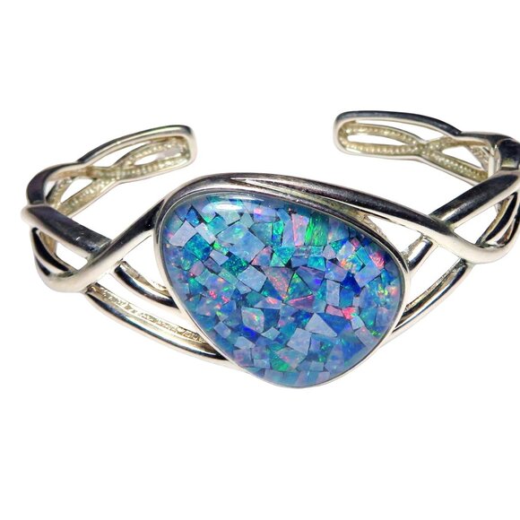 Vintage Sterling Silver WK Whitney Kelly Mosaic Opal Inlay Hinged Cuff Bracelet - Picture 2 of 9